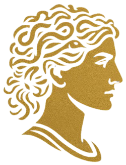 Gold silhouette of a profiled figure with 'Queen Medusa' text below on a white background